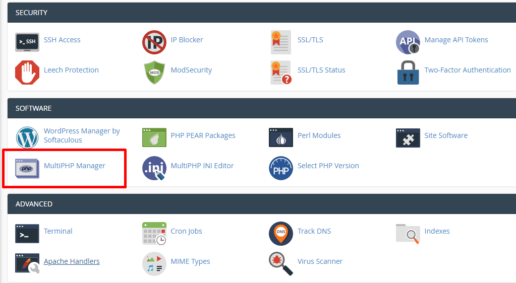 Menu MultiPHP Manager di cPanel