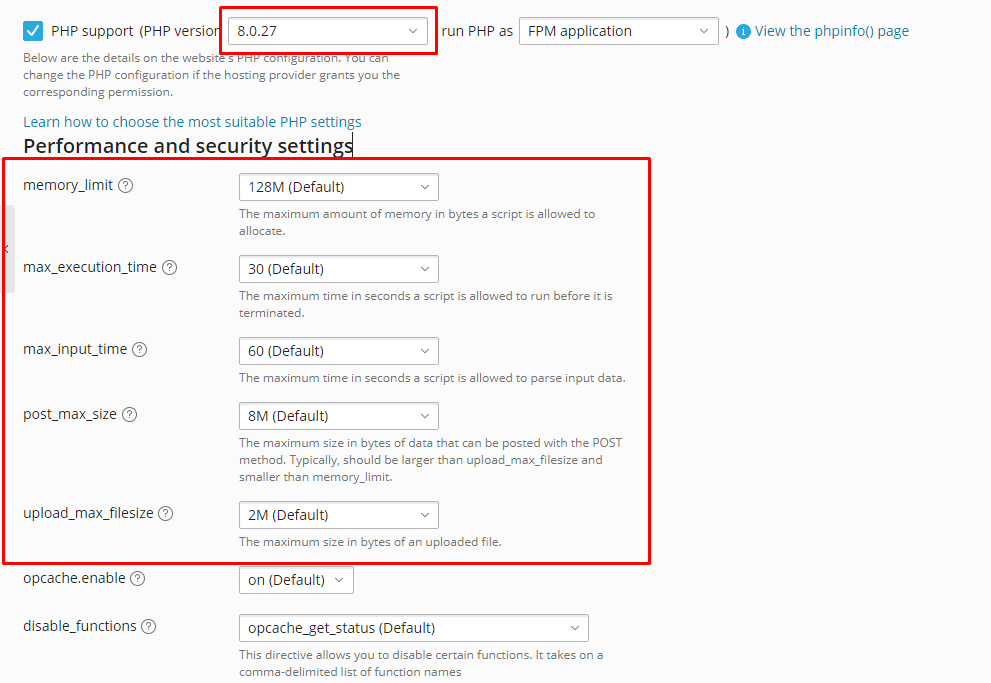 Form pengaturan PHP di Plesk