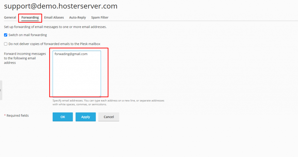 Formulir pengaturan email forwarding di Plesk