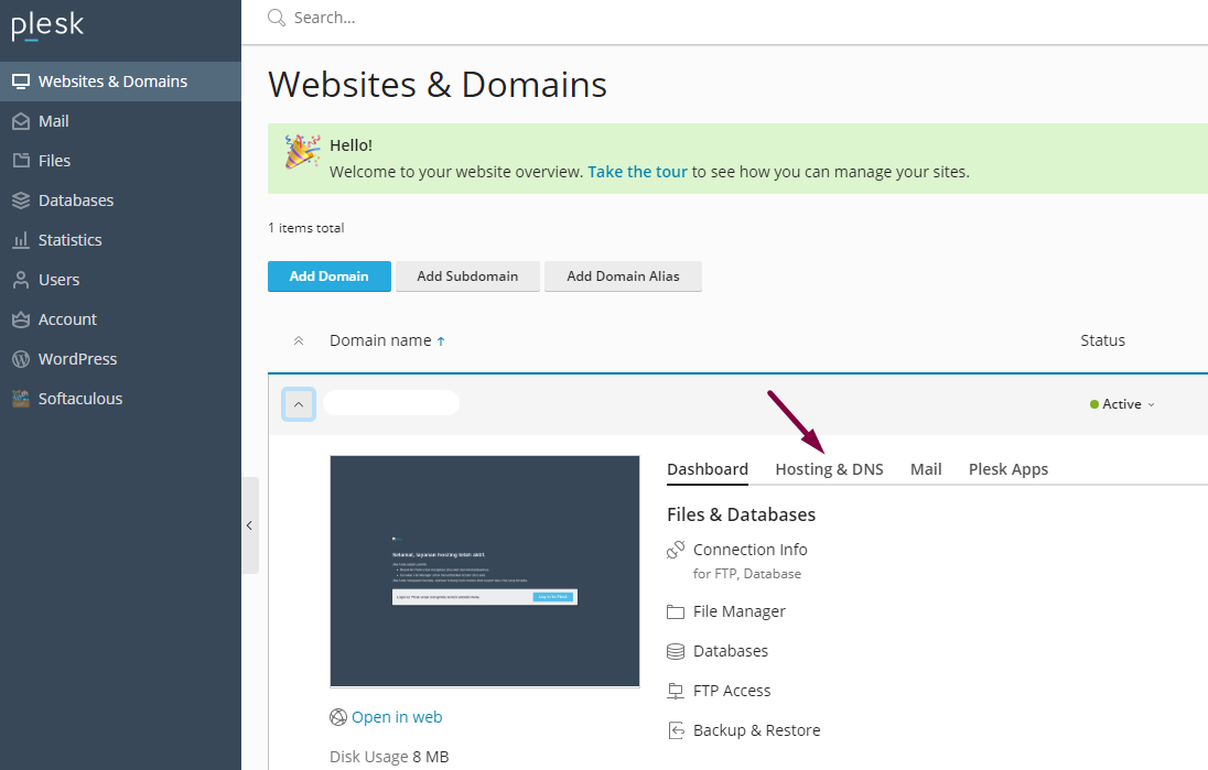 Menu Websites & Domains di Plesk