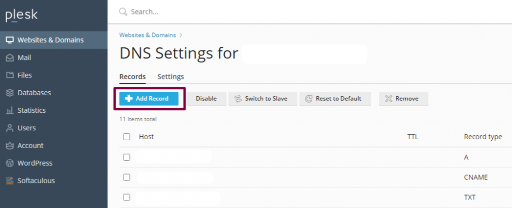 Tombol Add Record di Plesk