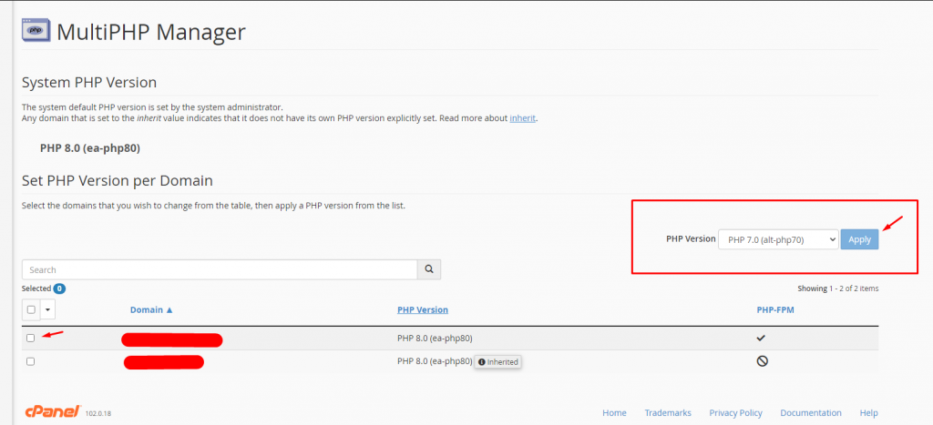Memilih versi PHP di MultiPHP Manager