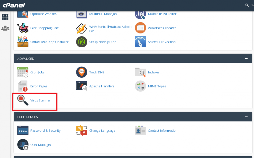 Menu Virus Scanner di cPanel