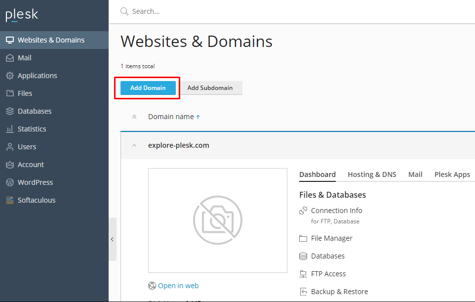 Tombol Add Domain di Plesk