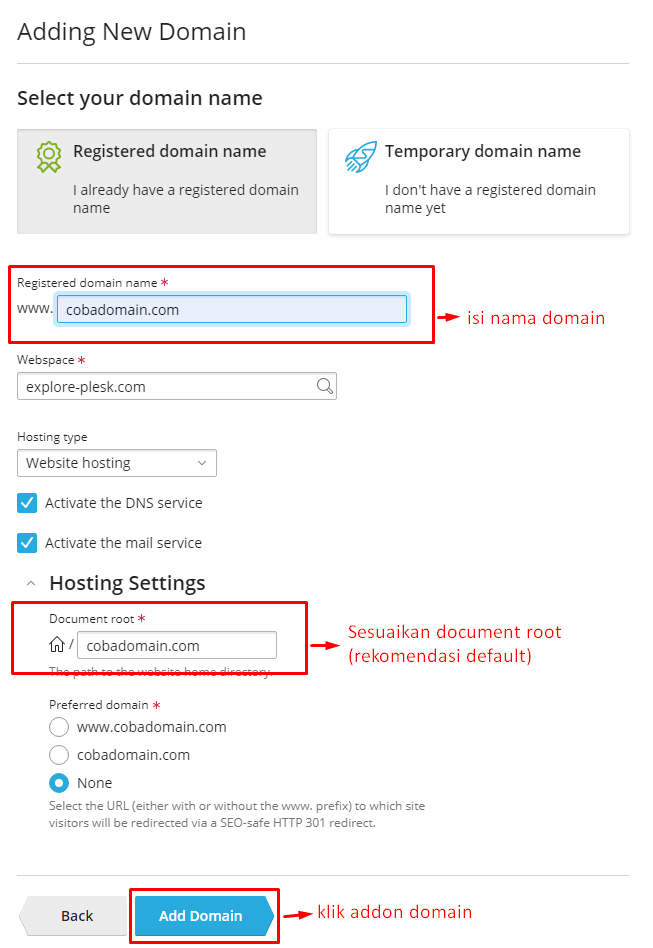 Formulir detail domain baru Plesk