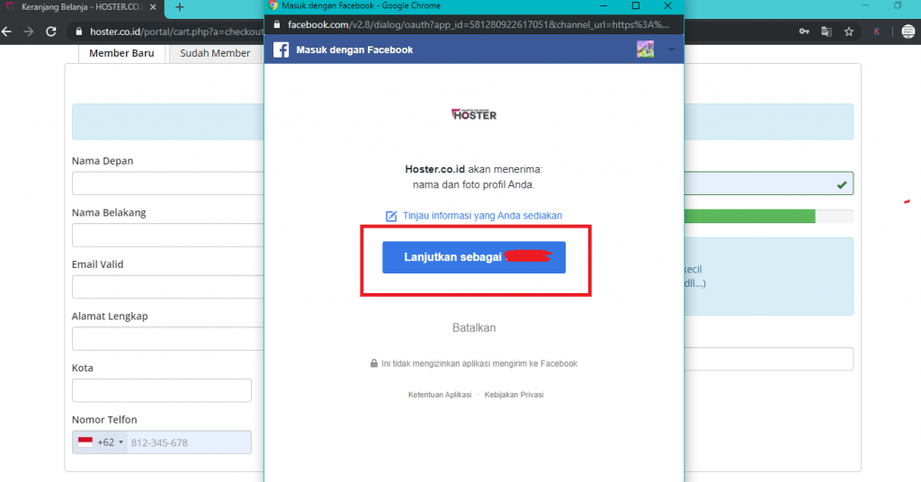 Konfirmasi login Facebook