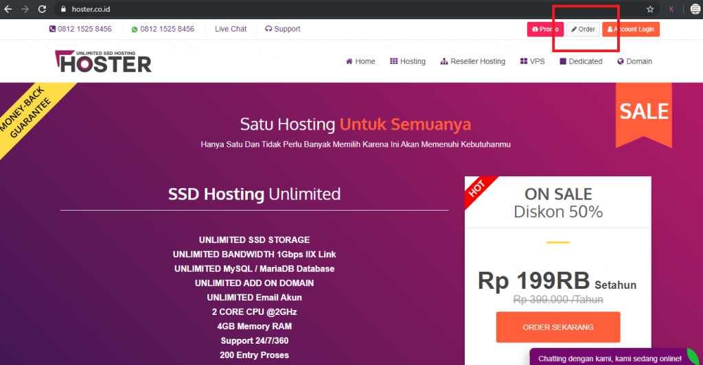 Menu Order di pojok kanan atas