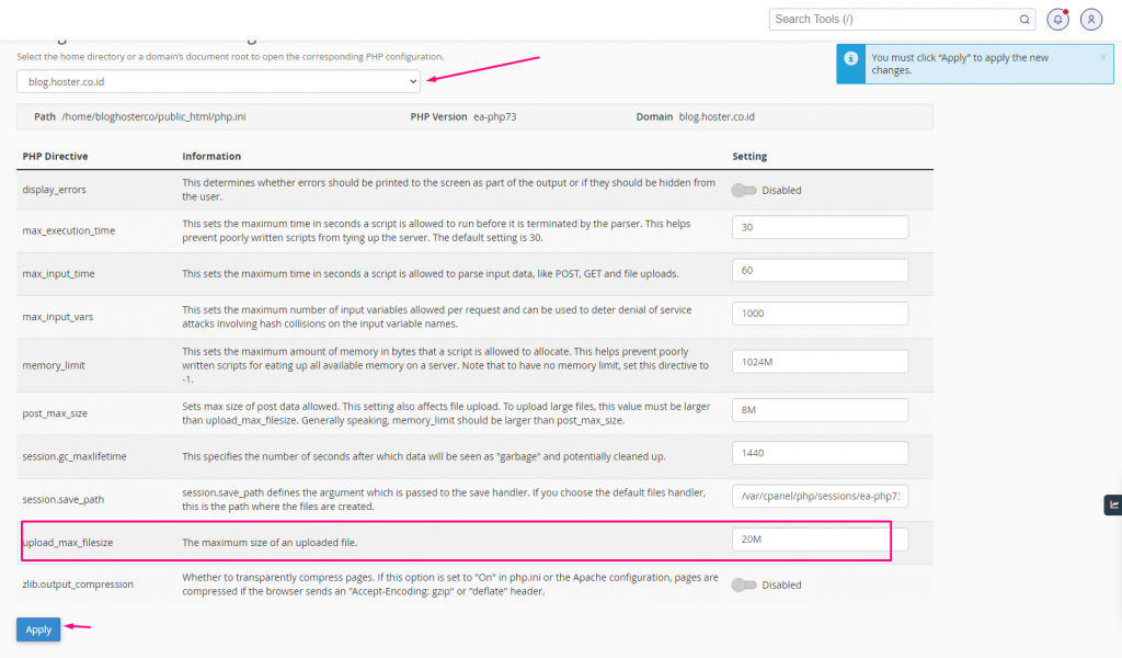 Mengubah upload_max_filesize dan post_max_size di PHP Options